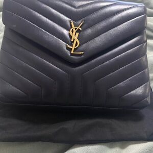 Saint Laurent Black Quilted Chevron Shoulder Bag with Gold YSL Chain